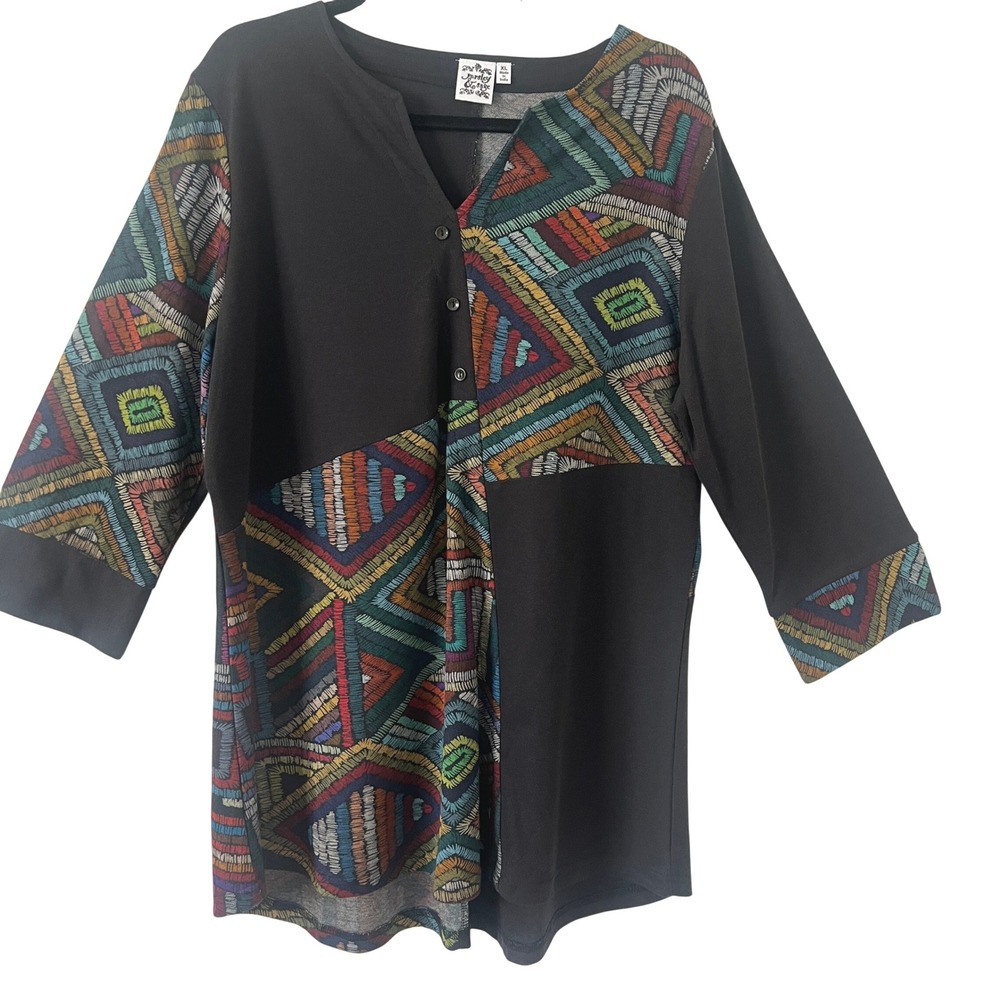 Parsley & Sage Sz XL Tunic Top Black Multicolor Artsy Lagenlook Boho Geometric